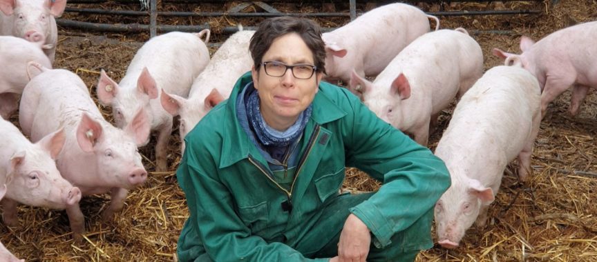 Ulrike SchreUlrike Schreiber umgeben von schweinischen Glücksbringern auf dem Bio-Gut Wulksfelde