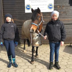 Zwei Mädchen stehen neben einem Pony