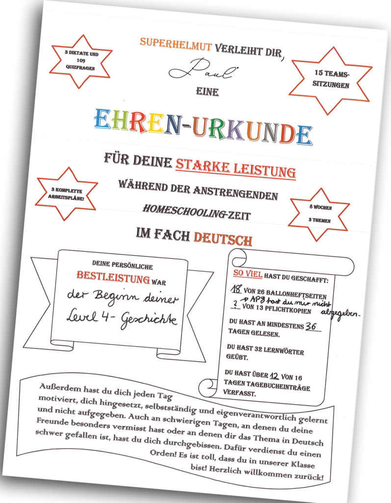 Ehrenurkunde für starkes Homeschooling