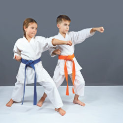 Two athletes are training blow the hand on a gray background